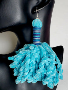 Blue Chenille Tassel Earrings