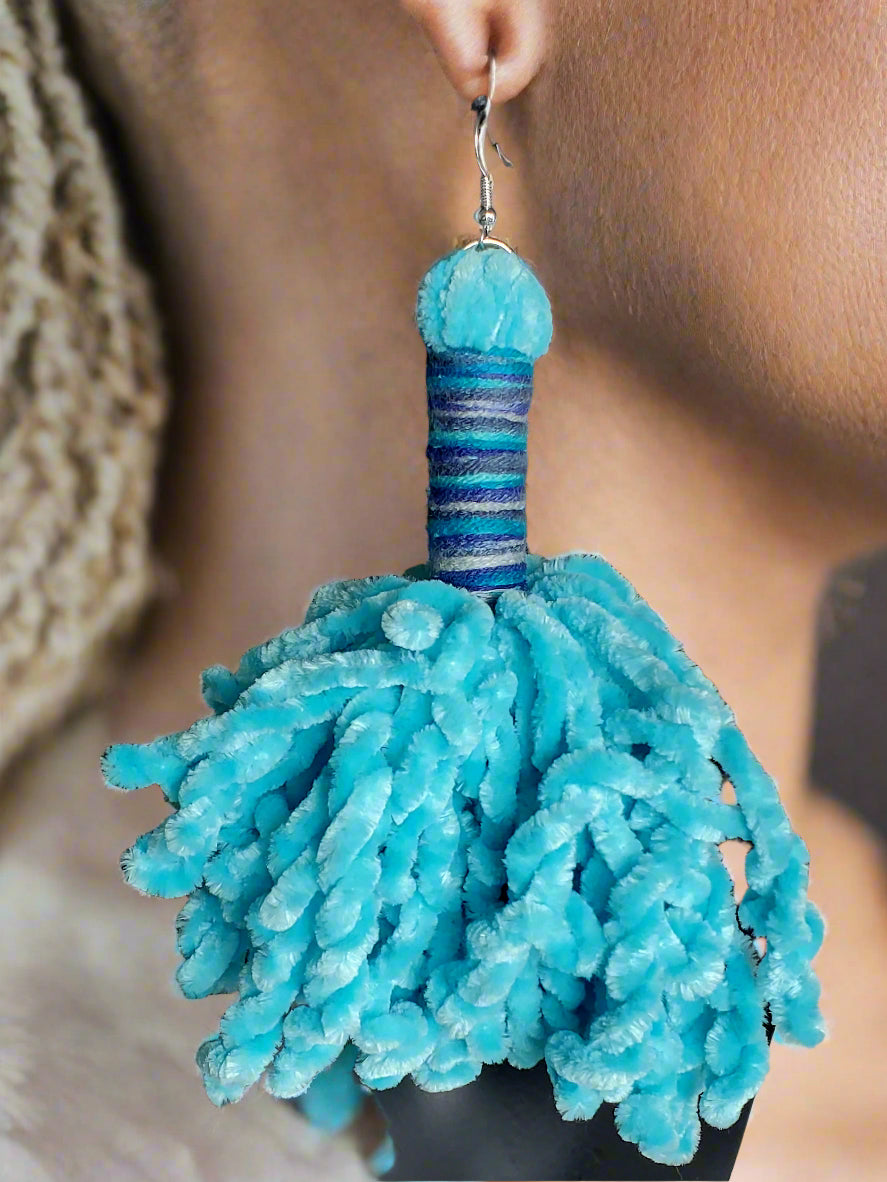 Blue Chenille Tassel Earrings