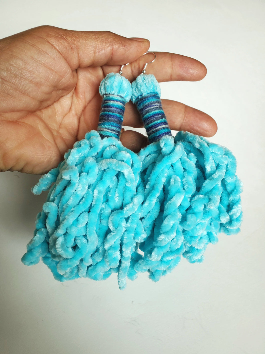 Blue Chenille Tassel Earrings
